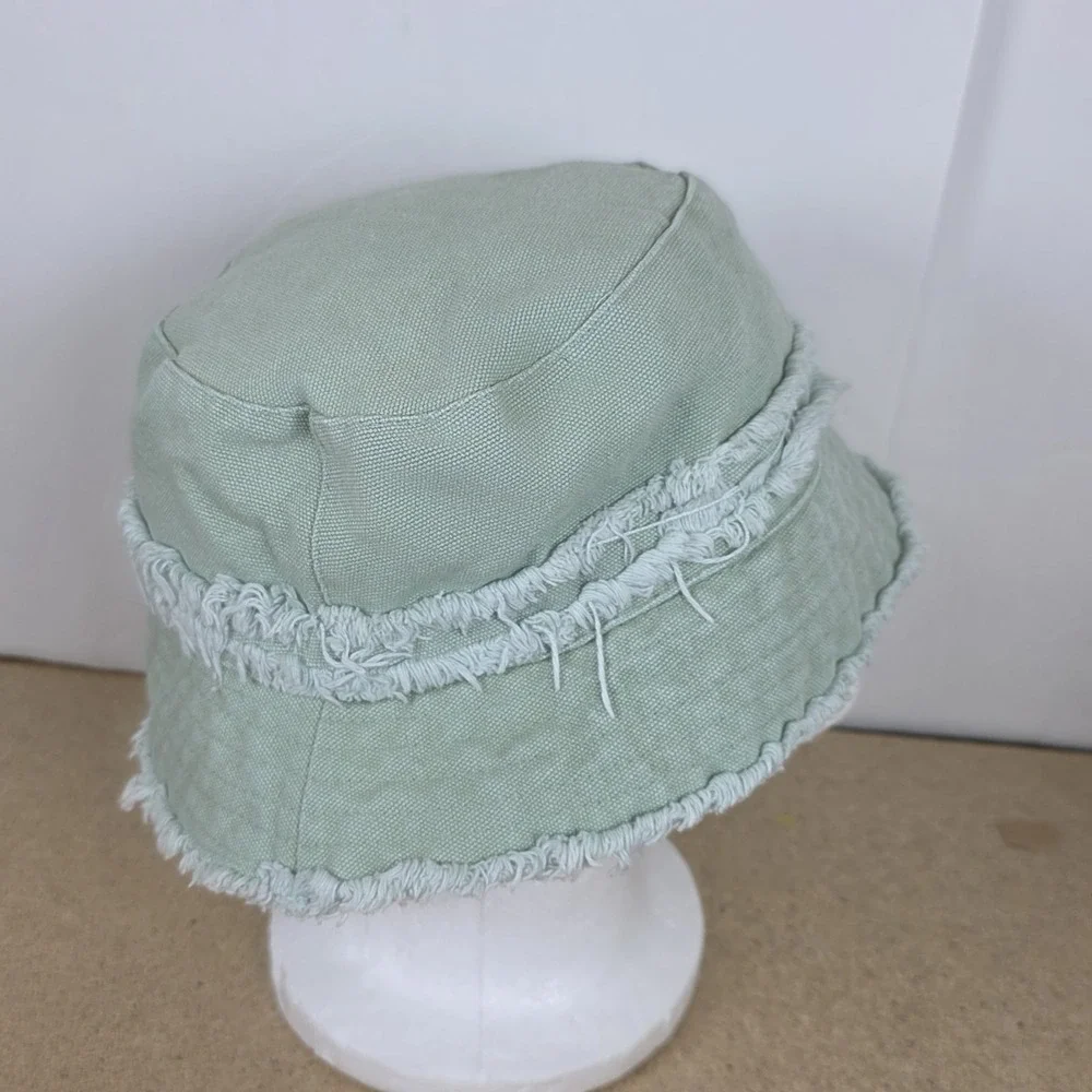 Steve Madden Sage Green Bucket Hat Fringe Distressed Beach Vacation Hat One Size